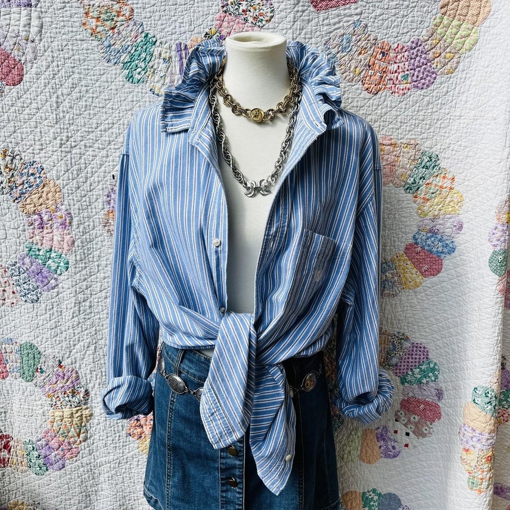 Upcycled Chaps Oxford Cloth Boyfriend Sky & Navy Stripe Ruffle Collar Shirt XXL